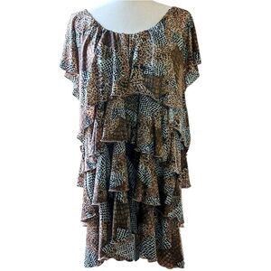 CATO Off Shoulder Blouse Long Tiers Ruffle Boho Leppard Print Brown Plus Size 3X
